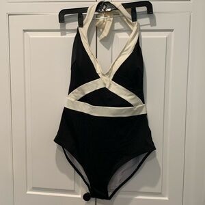Boden halter-style self tie swimsuit. Color block black and white. NWT!